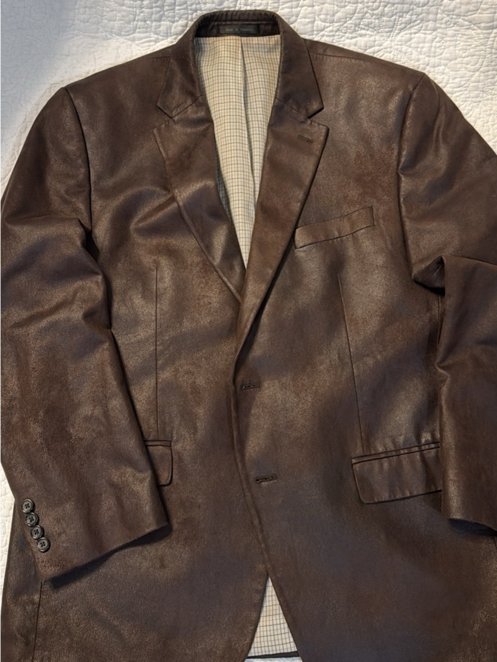 Ralph Lauren Men's Brown Faux Leather Suede Sport Coat Blazer Windowpane Lining